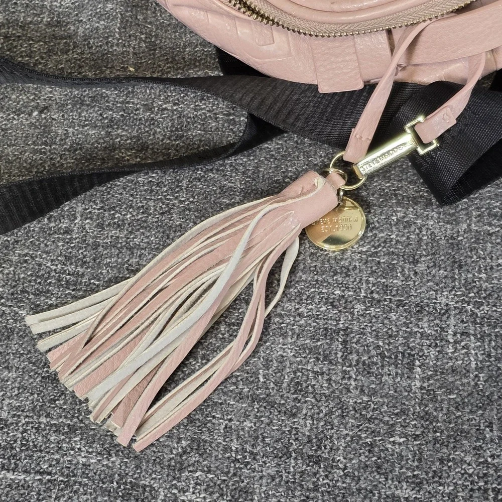 Steve Madden Mini Logo Embossed Backpack Light Pink Faux Leather Black Straps